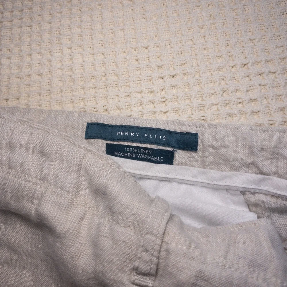 Perry Ellis Mens 100% Linen Drawstring Pants Beige Oatmeal Casual Beach Trousers